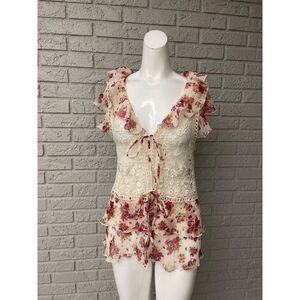 Lucy & Co Crochet Floral Print Front Tie Top Size M/ L